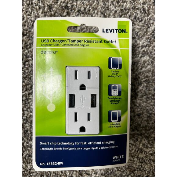 Leviton USB In Wall Charger Outlet T5632-BW - Picture 2 of 3